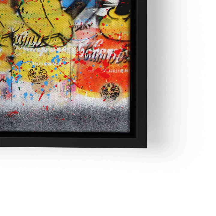Detail eines Pop Art Wandbilds mit bunten Farbspritzern, schwarzen Rahmen, moderne Kunst