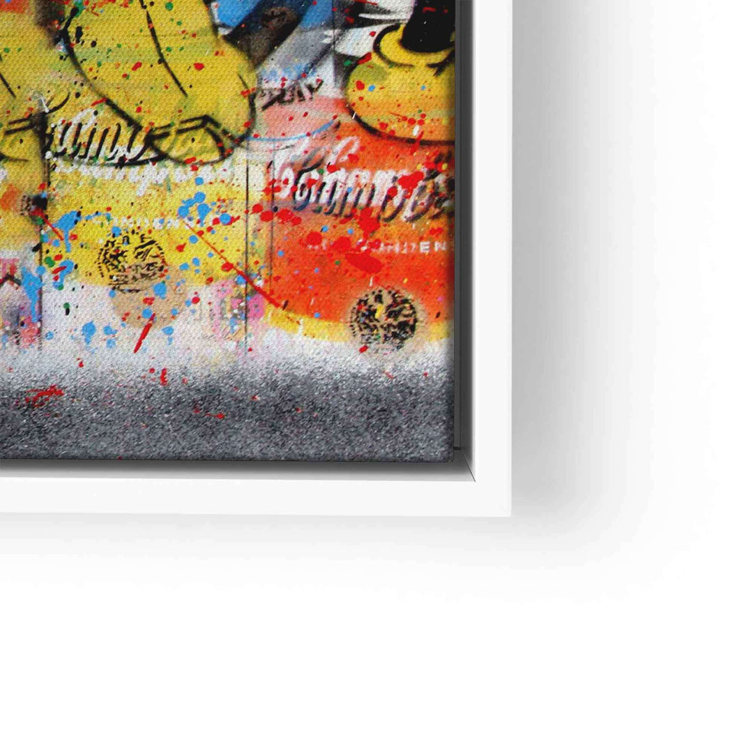 Pop Art Wandbild mit bunten Farbspritzern auf Leinwand im weißen Rahmen