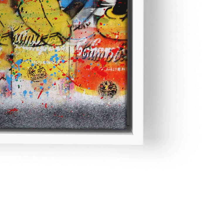Pop Art Wandbild mit bunten Farbspritzern auf Leinwand im weißen Rahmen