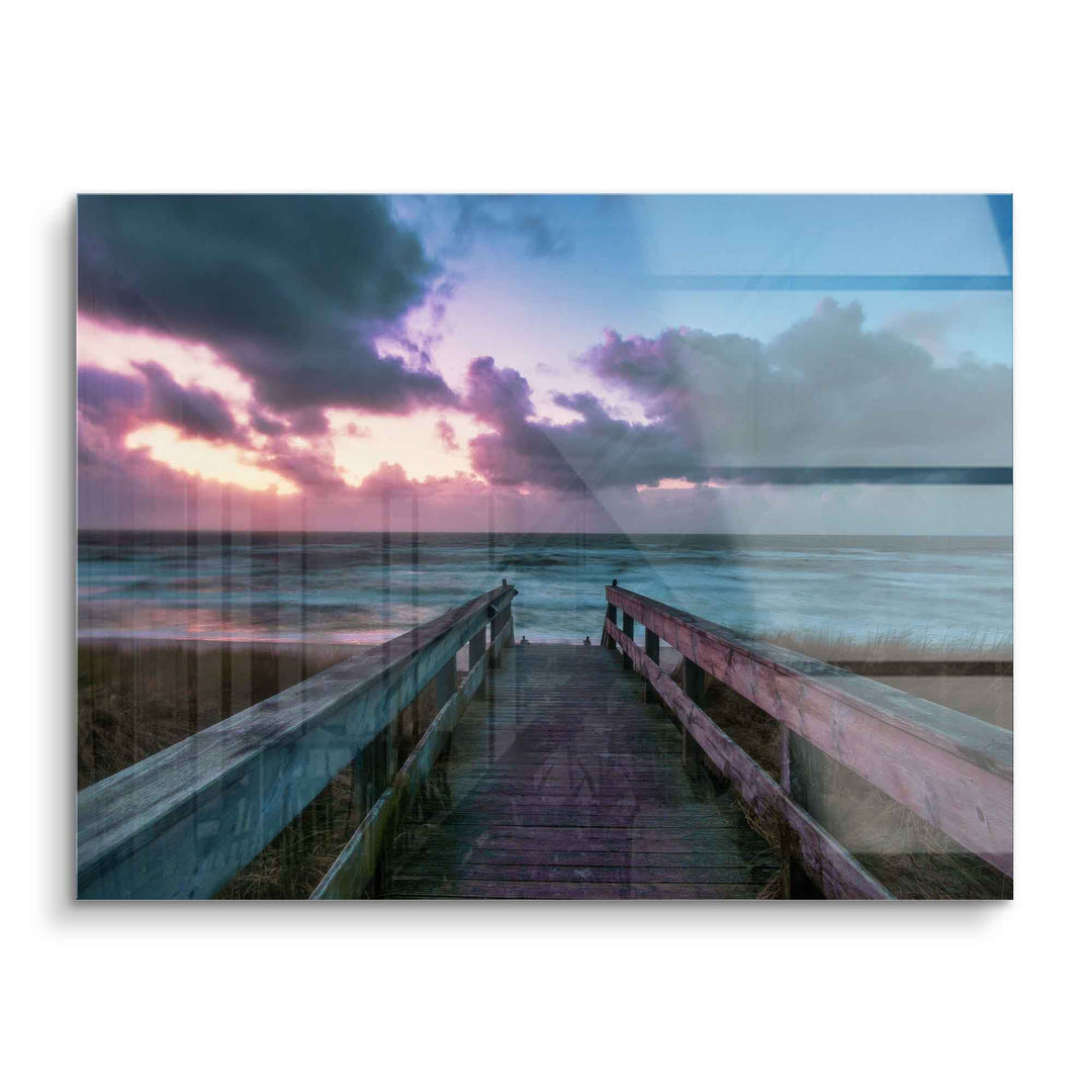 Steg ins Meer bei Sonnenuntergang, dramatische Wolken, Acryl Wandbild, Meereslandschaft