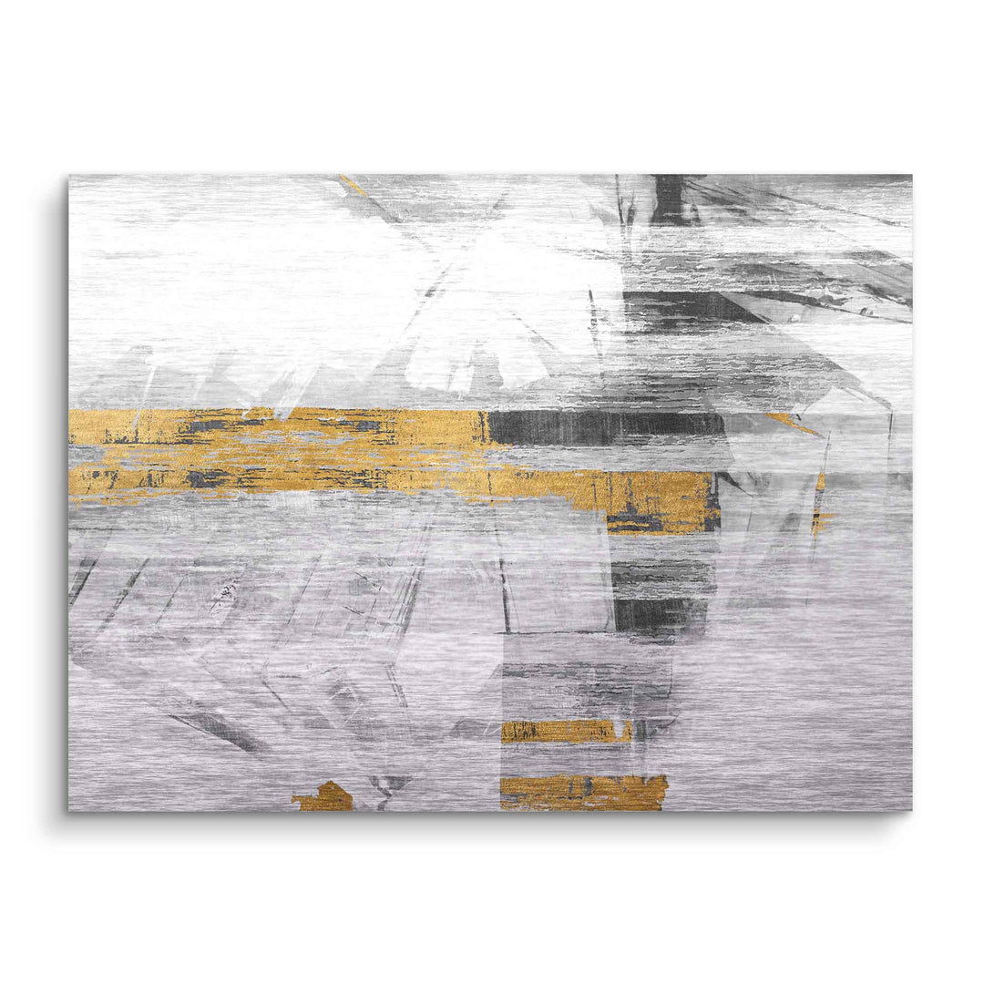 Abstraktes Wandbild mit goldenen, weißen und grauen Pinselstrichen, modernes Kunstmotiv