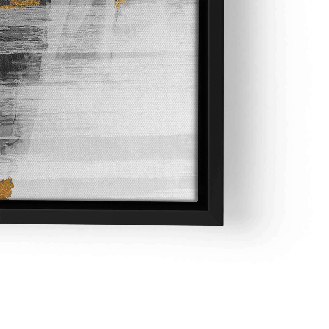 Abstraktes Wandbild mit goldenen Akzenten und modernem Muster auf Leinwand im schwarzen Rahmen