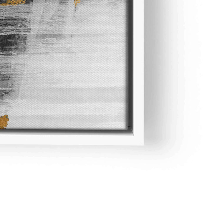 Abstraktes Wandbild mit goldenen und schwarzen Mustern auf weißem Hintergrund im Rahmen