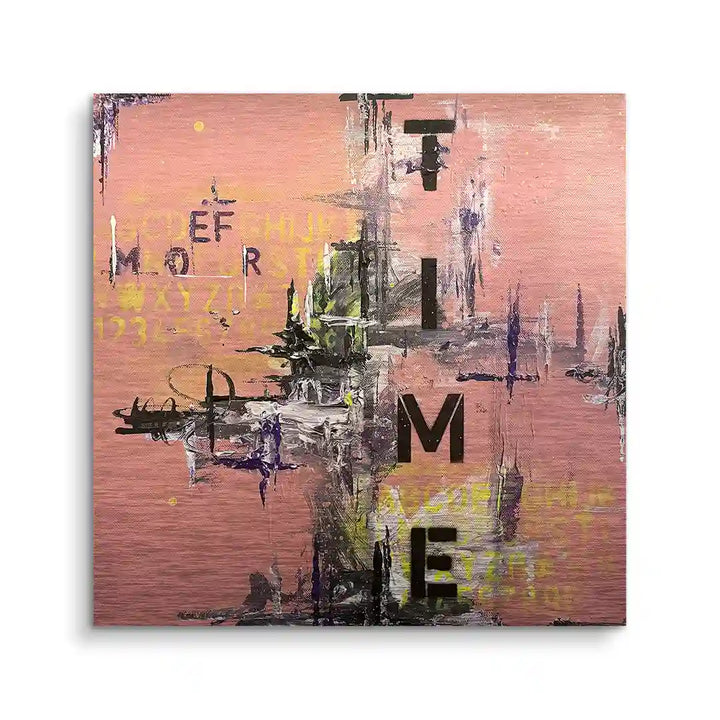 Abstraktes Wandbild mit Schriftzug TIME, rosa Hintergrund, expressive Pinselstriche, modern