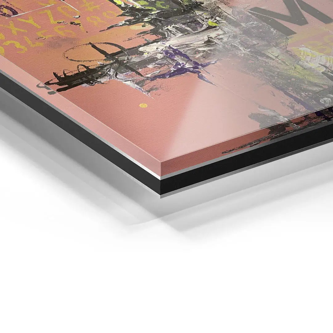 Detailansicht abstraktes Wandbild auf Acrylglas mit modernen Farbakzenten und Struktur