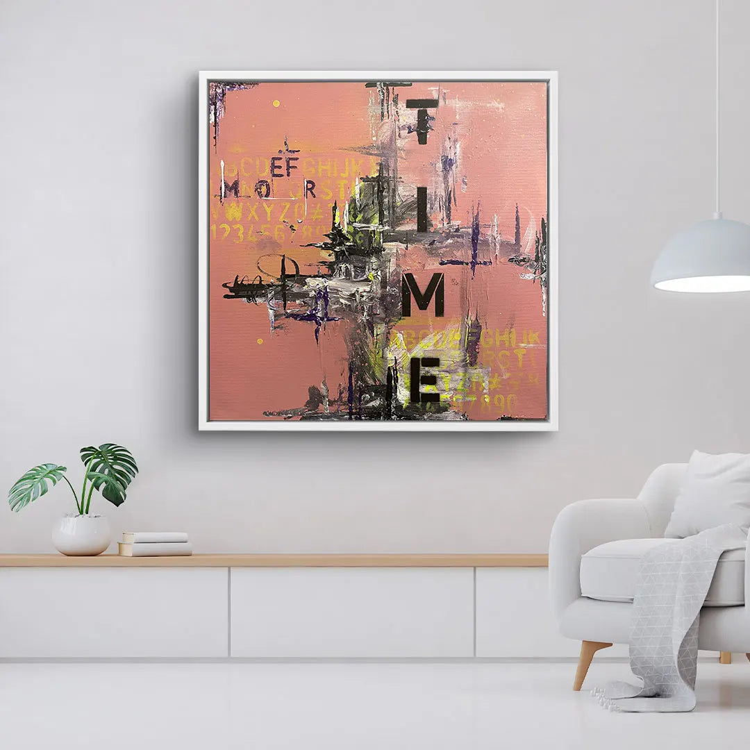 Abstraktes Wandbild mit Schriftzug TIME, modernen Farbakzenten und Buchstaben, Wohnzimmer