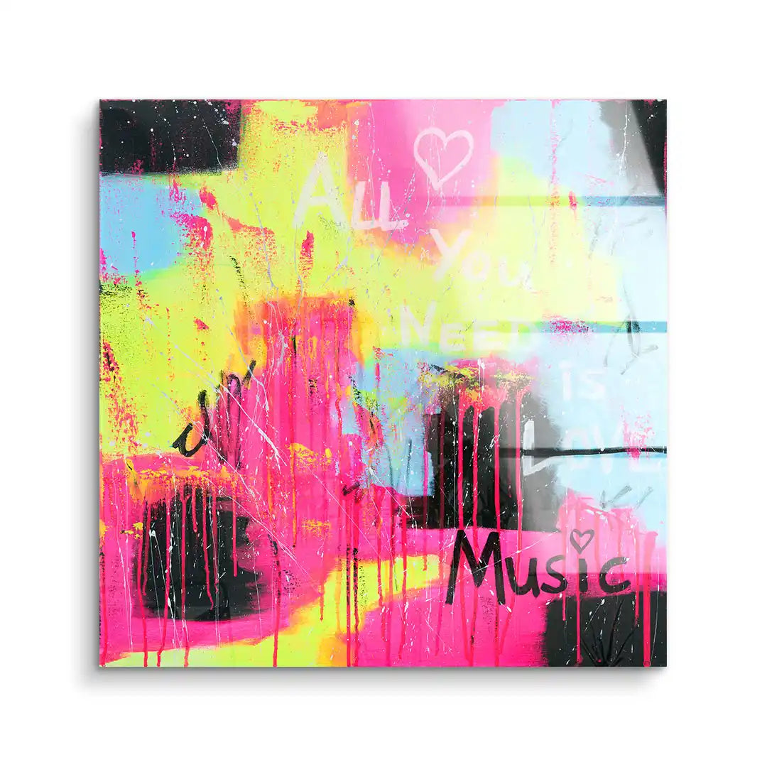 Buntes Acryl Wandbild mit Neonfarben und Schriftzug All you need is Music, modernes Kunstbild