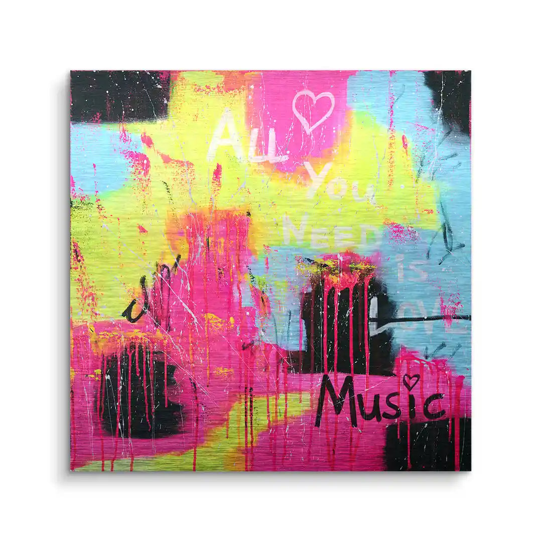 Buntes Wandbild mit Graffiti-Schriftzug All you need is Music, abstrakte Farbverläufe, moderne Kunst