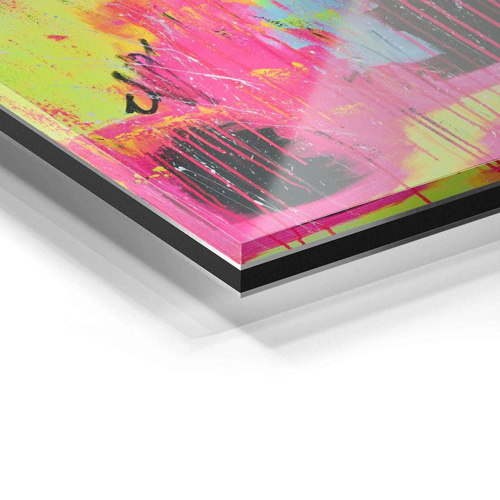 Detailansicht Acrylglas Wandbild mit buntem, abstraktem Farbverlauf in Pink und Gelb