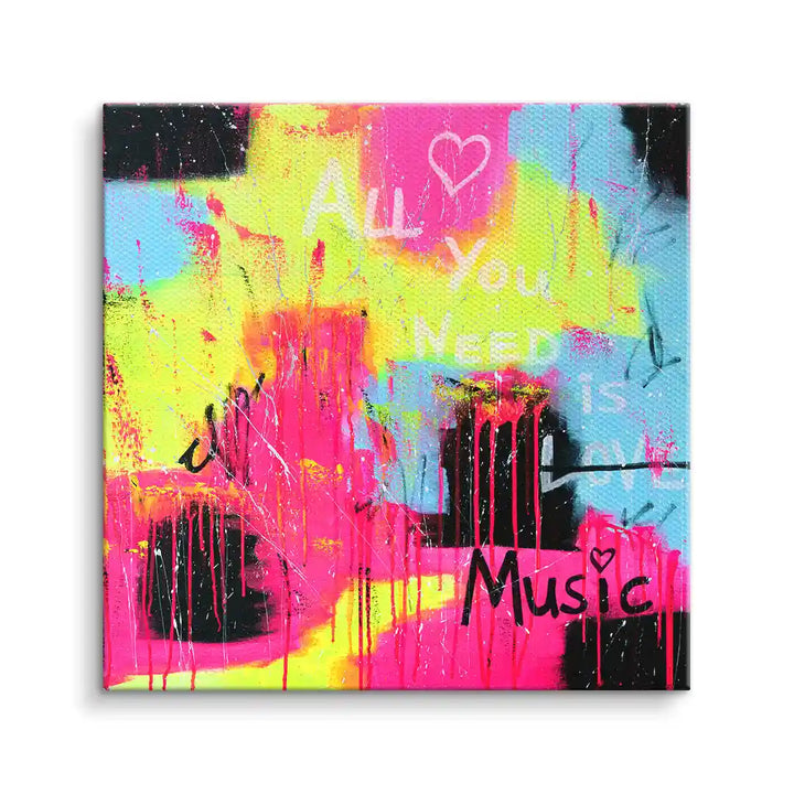 Buntes Wandbild auf Leinwand mit Graffiti-Schriftzug All You Need Is Music, abstrakte Kunst