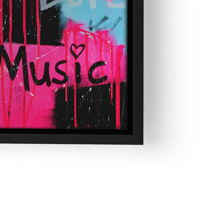 Modernes Wandbild mit Graffiti-Schriftzug "Music", pinken Farbspritzern und schwarzem Rahmen