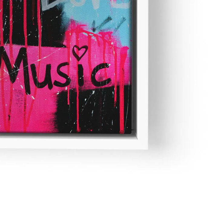 Modernes Wandbild mit Text 'Music', Herzsymbol, pinken Spritzern auf blau-schwarzem Hintergrund