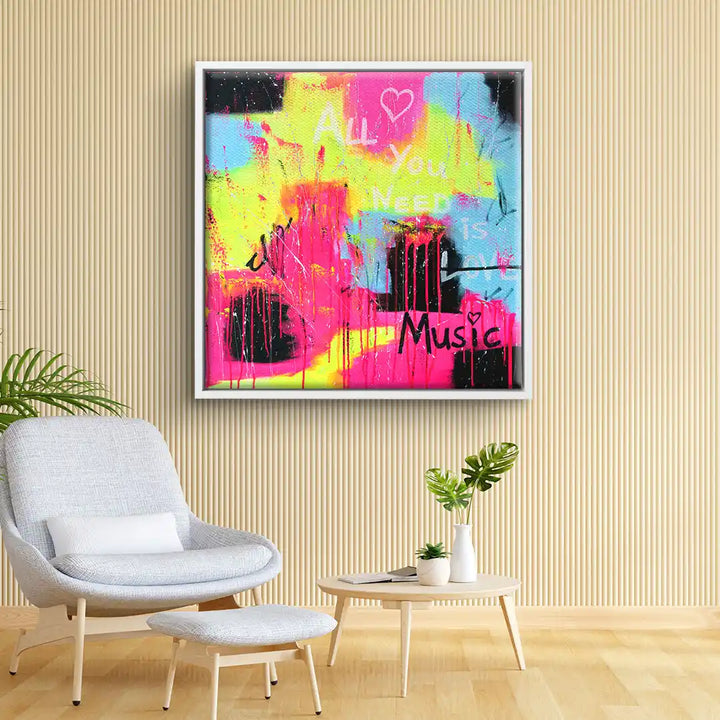 Modernes Wandbild mit Schriftzug 'All you need is Music', bunte Farben, abstrakte Kunst, Wohnzimmer