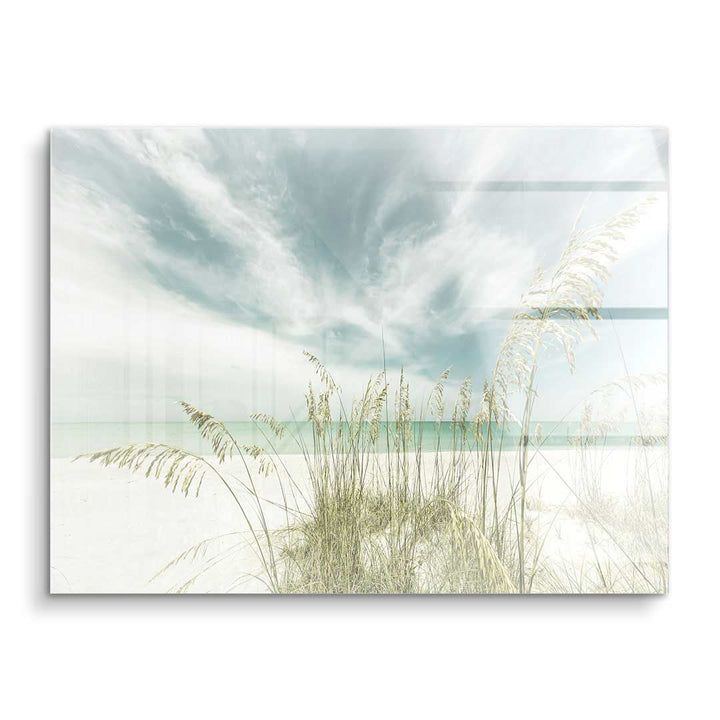 Wandbild Strand mit Dünen, Gräsern und blauem Himmel als modernes Acrylglas Kunstwerk