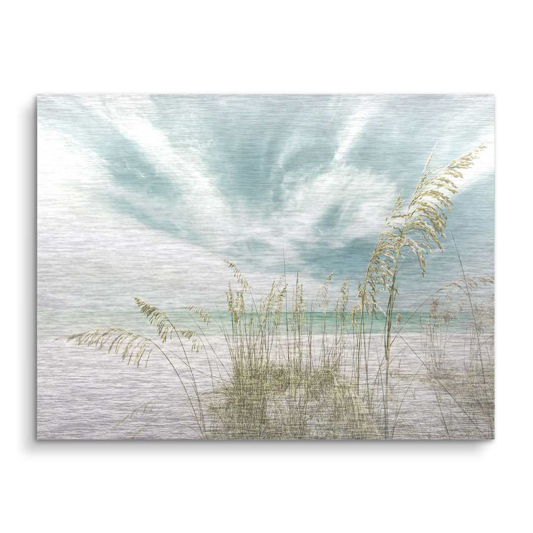 Modernes Wandbild mit Gräsern am einsamen Sandstrand, beruhigende Küstenkunst