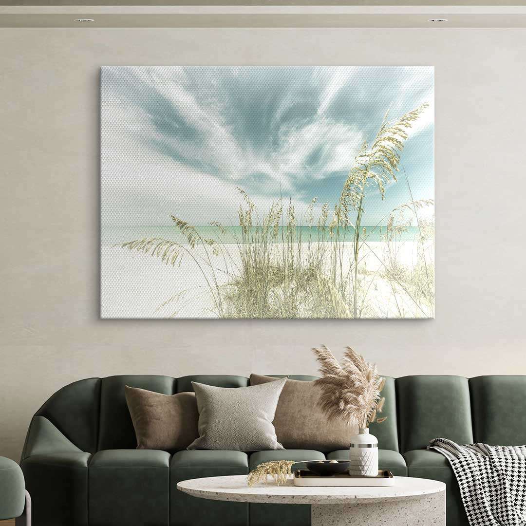 Wandbild Dünenstrand mit Gräsern und blauem Himmel als moderne Wanddekoration