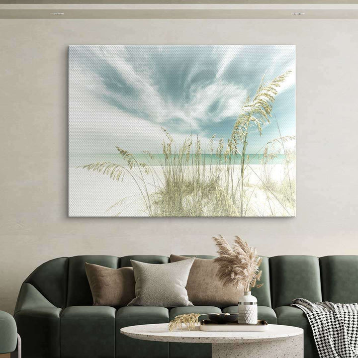 Wandbild Dünenstrand mit Gräsern und blauem Himmel als moderne Wanddekoration