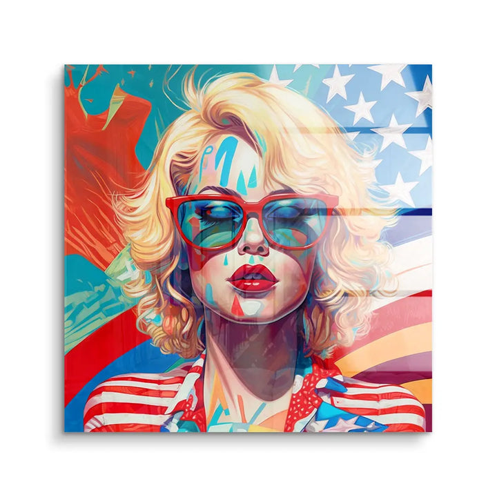 Pop Art Wandbild mit blonder Frau, Sonnenbrille, amerikanische Flagge im Hintergrund