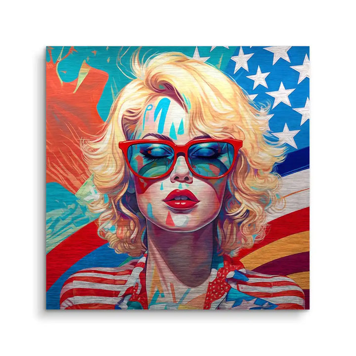 Modernes Wandbild Pop Art Frau mit blonden Haaren, roter Brille und US-Flagge Hintergrund