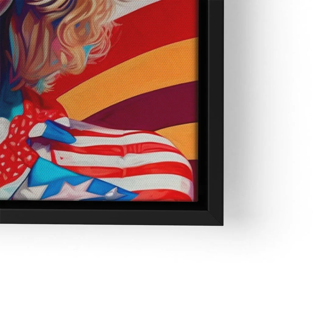 Ausschnitt eines Pop Art Wandbilds mit bunter Retrofigur und amerikanischen Motiven im Rahmen