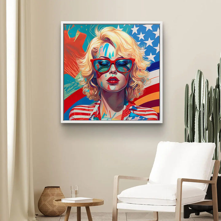 Modernes Wandbild: blonde Frau mit Sonnenbrille im Pop Art Stil, amerikanische Flagge im Hintergrund, Wohnzimmerdeko