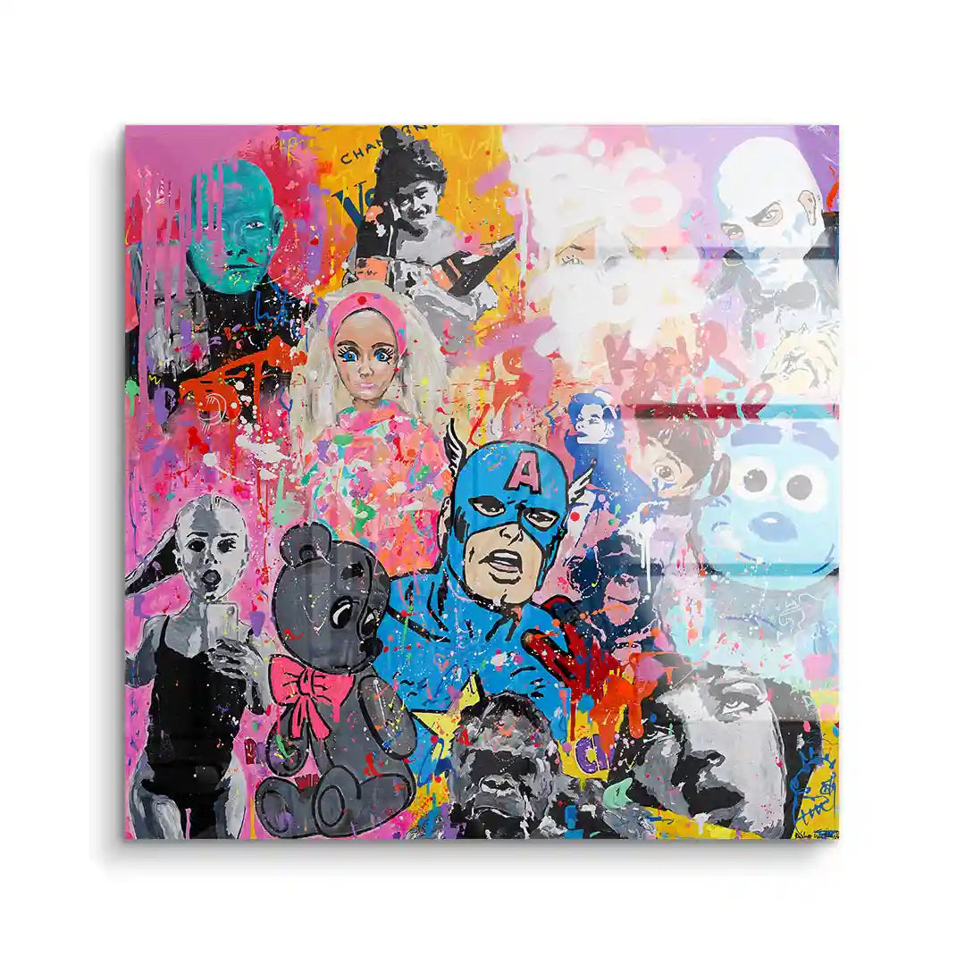 Pop Art Wandbild mit Comic-Figuren, Prominenten und bunten Farbspritzern auf Acryl