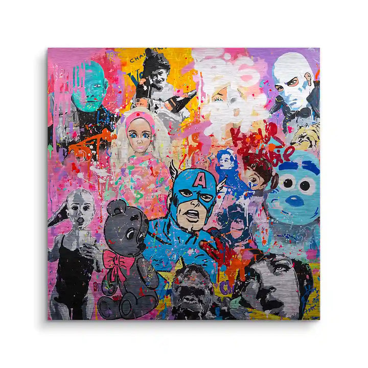 Buntes Pop Art Wandbild mit abstrakten Figuren, Comic-Helden und Streetart-Elementen