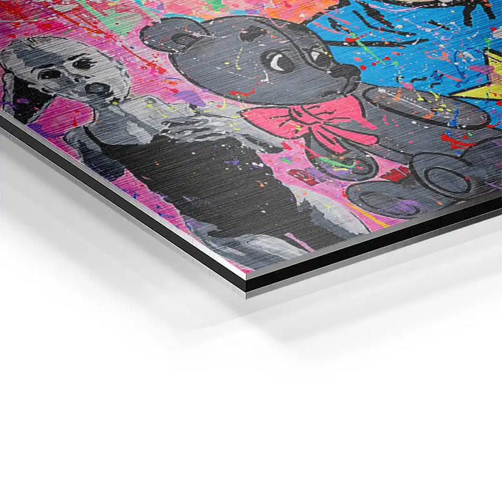 Modernes Wandbild mit Pop Art Motiv, bunter Hintergrund, Frau und Bär Illustration