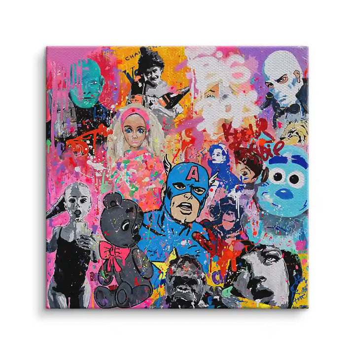 Buntes Wandbild auf Leinwand mit Pop Art Figuren, Comics, Fashion und Teddybär Motiv.