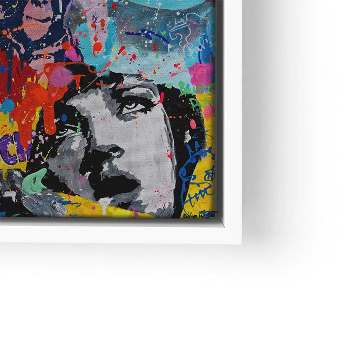 Modernes Wandbild mit popart Porträt, bunte Farbkleckse auf Leinwand im weißen Rahmen