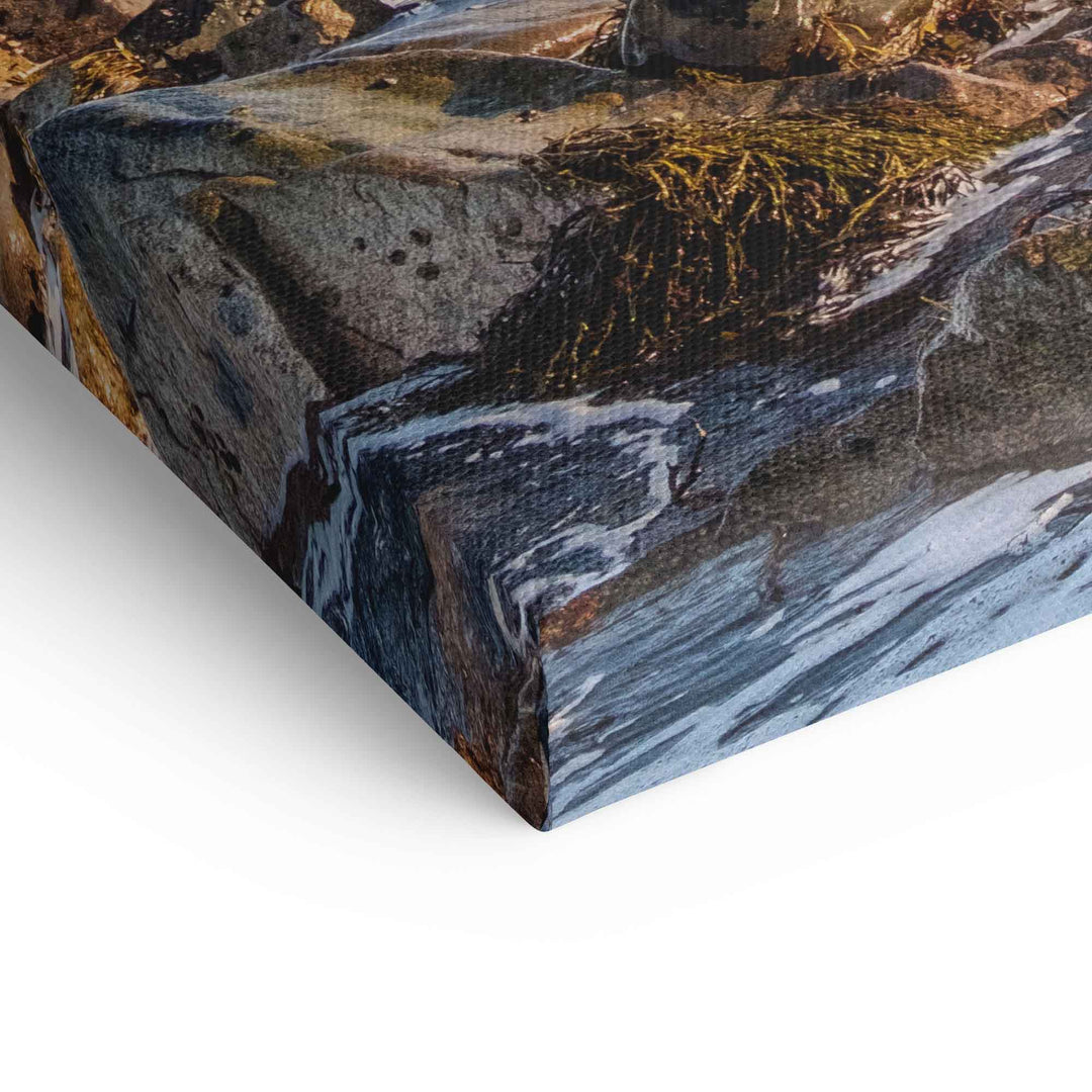 Detailansicht eines Wandbilds mit Felsen und Wasser auf Leinwand