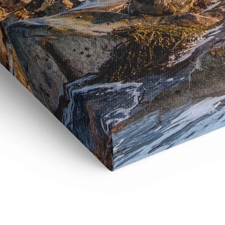 Detailansicht eines Wandbilds mit Felsen und Wasser auf Leinwand
