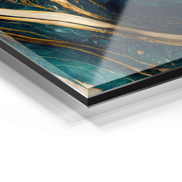 Detailaufnahme Wandbild auf Acrylglas mit Marmoroptik in Türkis und Gold