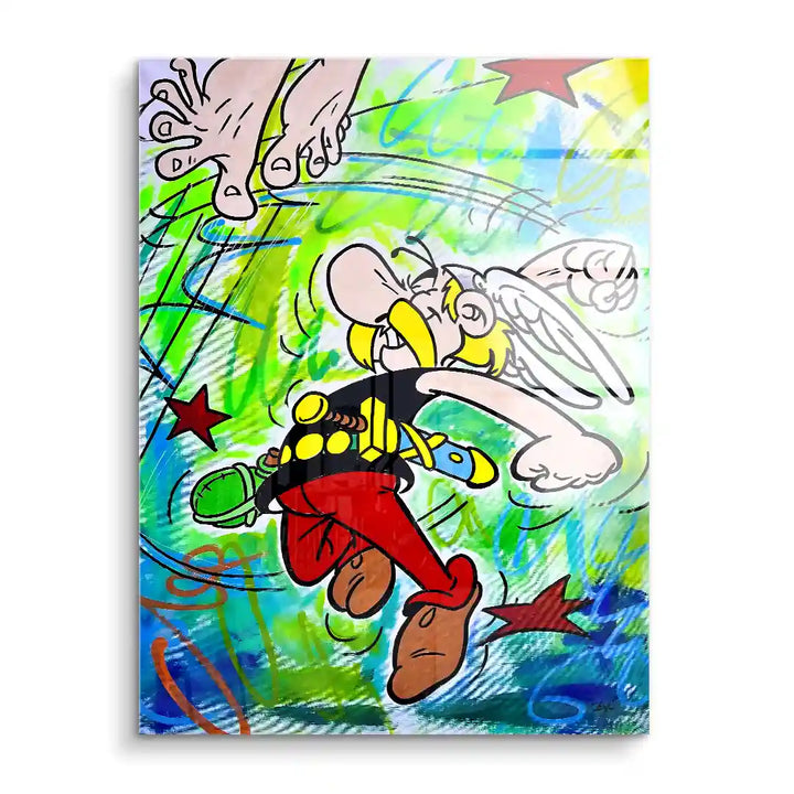 Comic-Wandbild mit Asterix, lebhafte Farben, Pop Art Stil, kunstvolle Akzentsterne