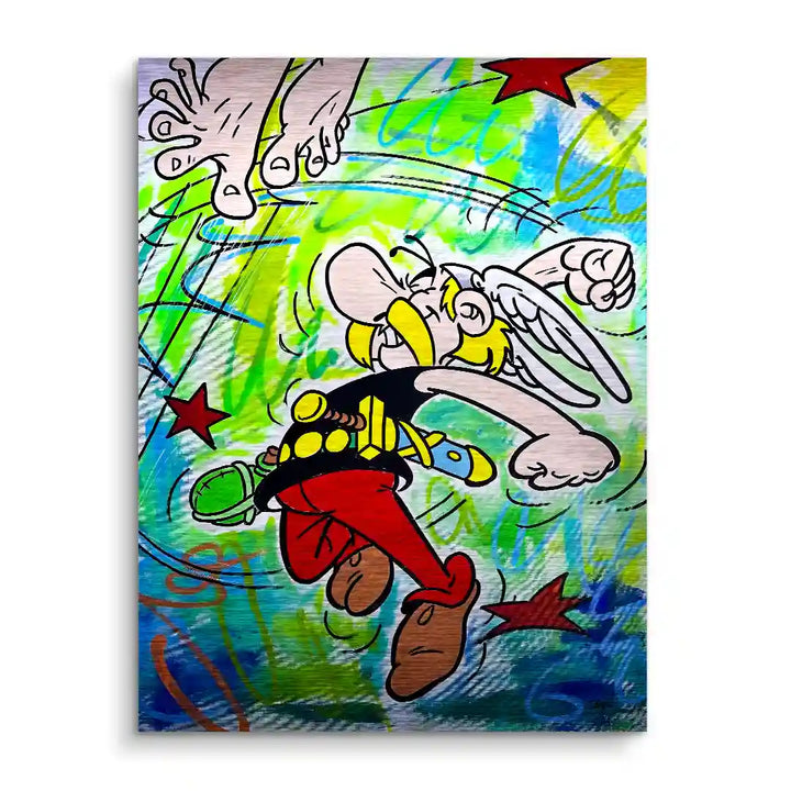 Buntes Wandbild mit Comicfigur Asterix, dynamische Szene mit Sternen und abstraktem Hintergrund