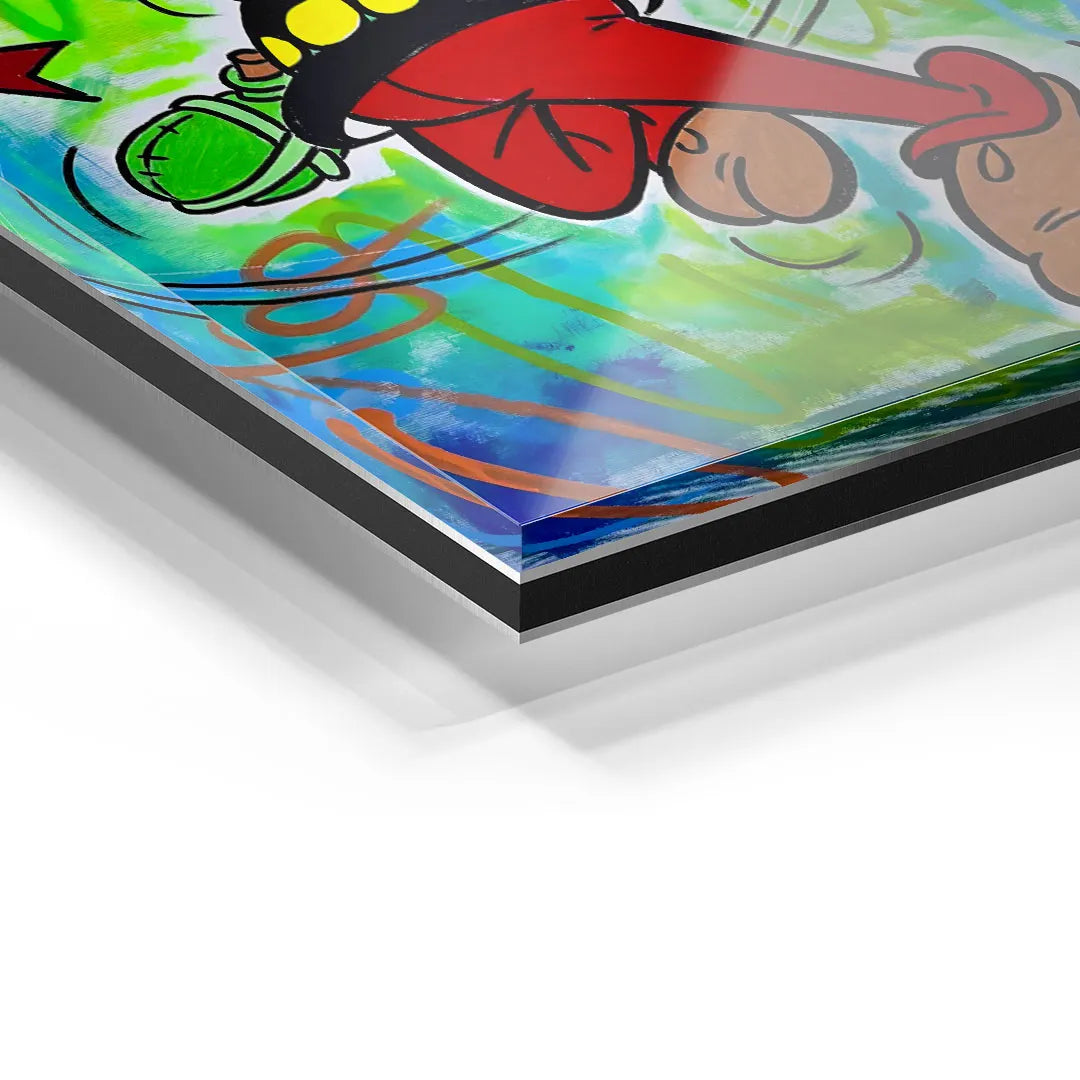 Detailfoto Acrylglas-Wandbild mit Comicfigur, bunte Farben und klare Konturen