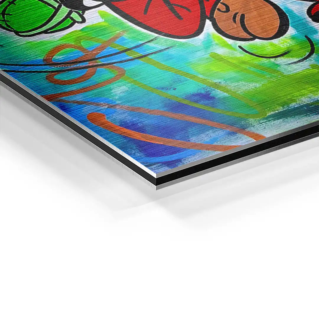 Detail eines bunten Comic-Wandbilds auf Aluminium mit Asterix-Motiv und gebürsteter Oberfläche