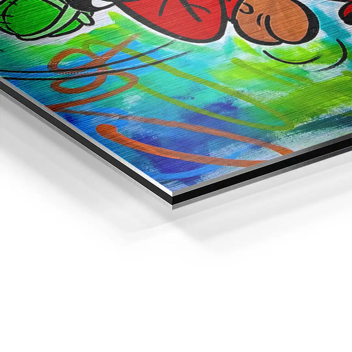 Detail eines bunten Comic-Wandbilds auf Aluminium mit Asterix-Motiv und gebürsteter Oberfläche