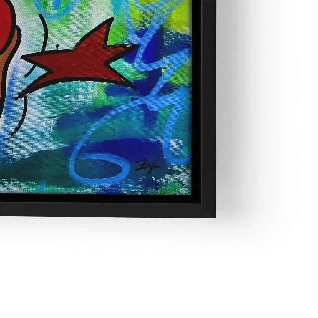 Buntes Wandbild mit Comic-Motiv, Stern und Graffiti-Elementen in Schwarzrahmen