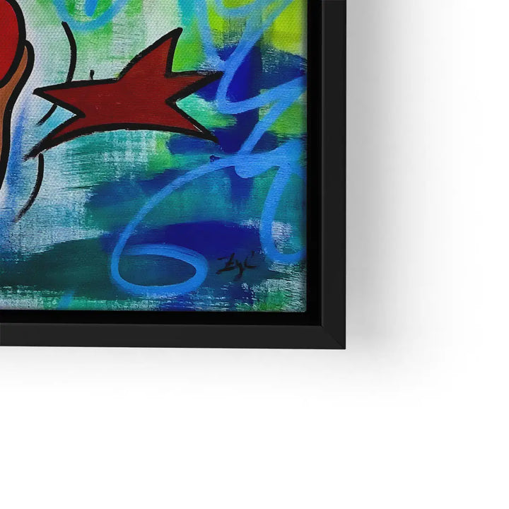 Buntes Wandbild mit Comic-Motiv, Stern und Graffiti-Elementen in Schwarzrahmen