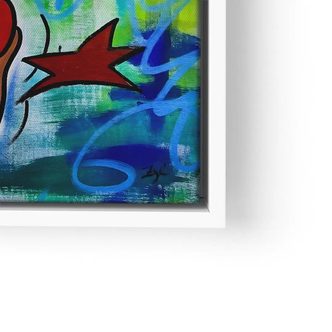 Modernes Wandbild mit Comic-Stil, buntem Hintergrund und rotem Sternmotiv im Rahmen