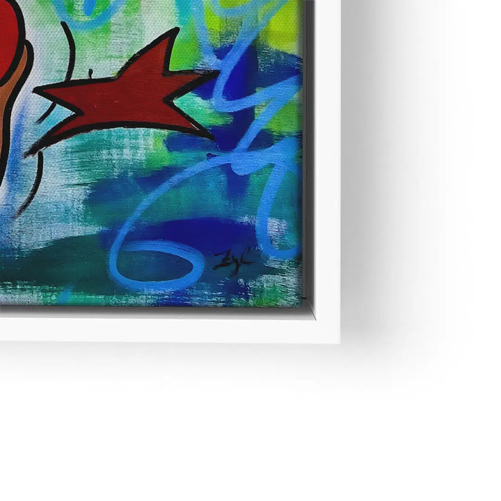 Modernes Wandbild mit Comic-Stil, buntem Hintergrund und rotem Sternmotiv im Rahmen