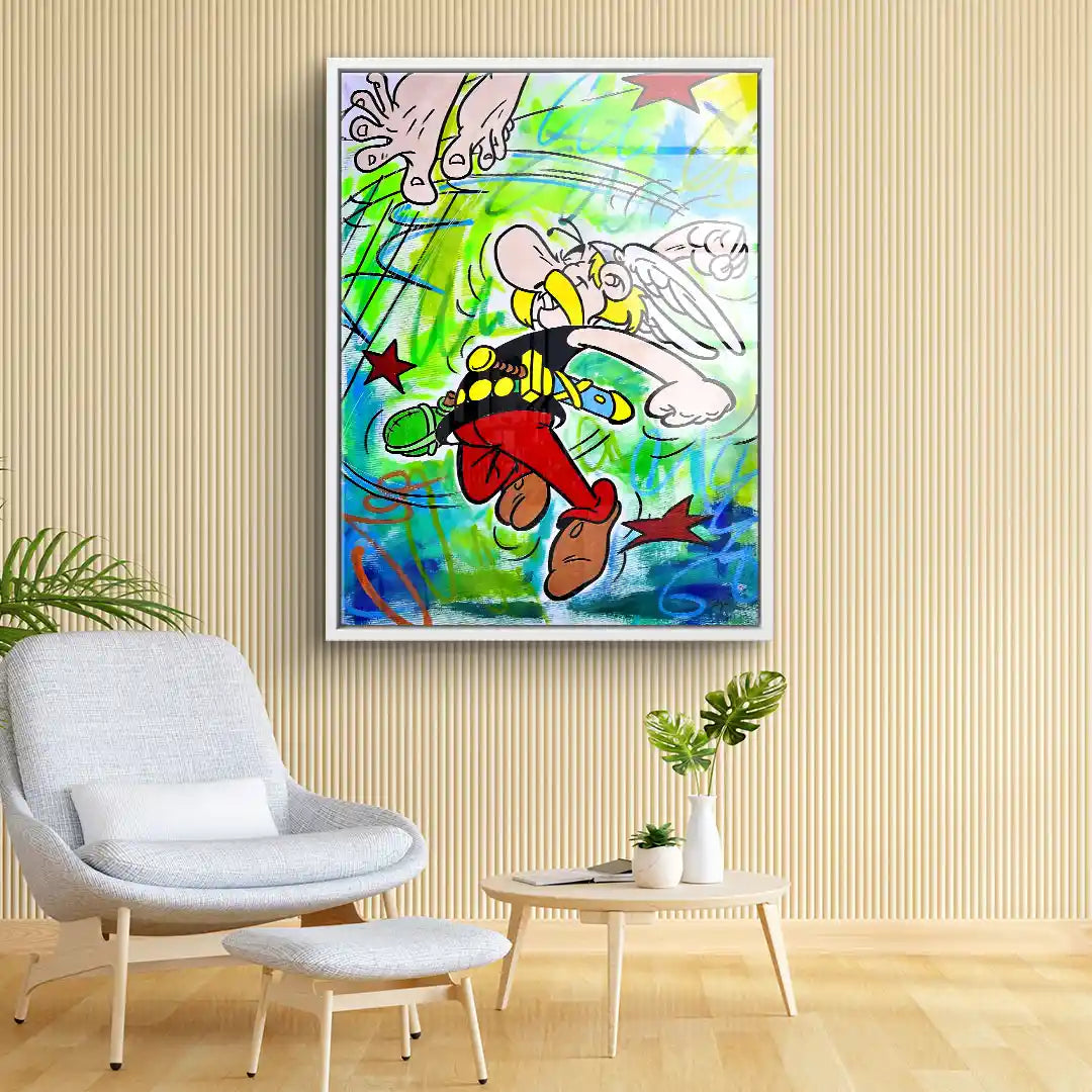 Buntes Comic-Wandbild mit Asterix in Bewegung, Sternen und abstraktem Hintergrund im Wohnzimmer