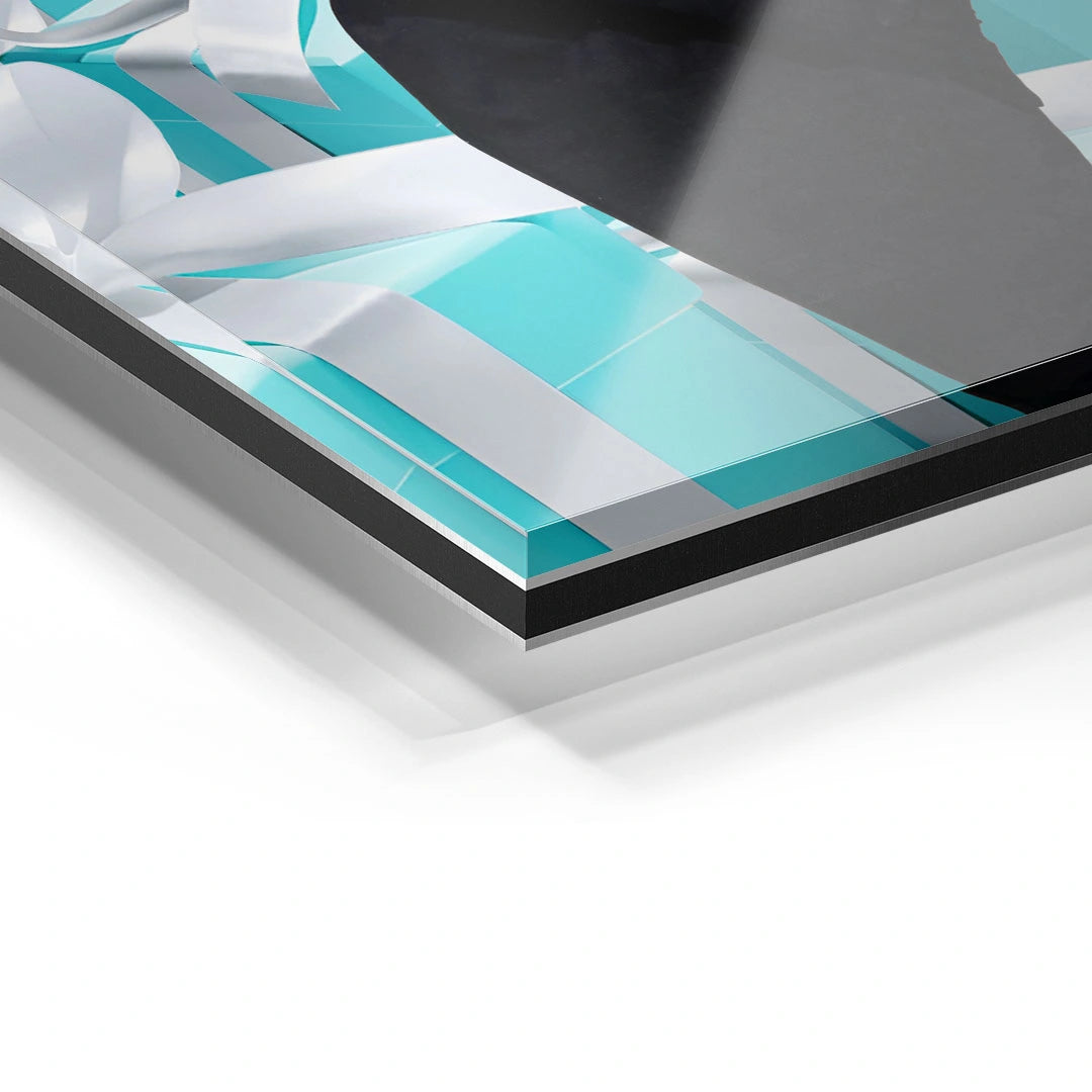 Detailaufnahme eines Wandbilds auf Acrylglas mit türkisen und weißen Farbakzenten