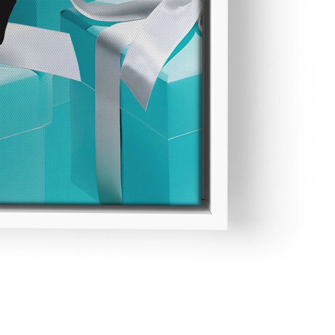 Modernes Wandbild mit türkisfarbenem Geschenk und weißer Schleife im weißen Rahmen