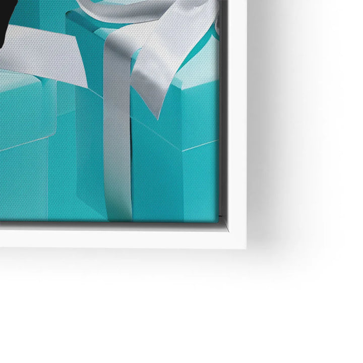 Modernes Wandbild mit türkisfarbenem Geschenk und weißer Schleife im weißen Rahmen
