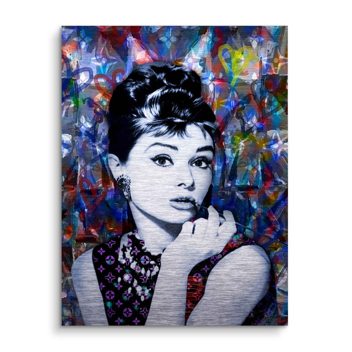 Pop Art Wandbild Frau mit Hochsteckfrisur vor buntem Graffiti-Hintergrund