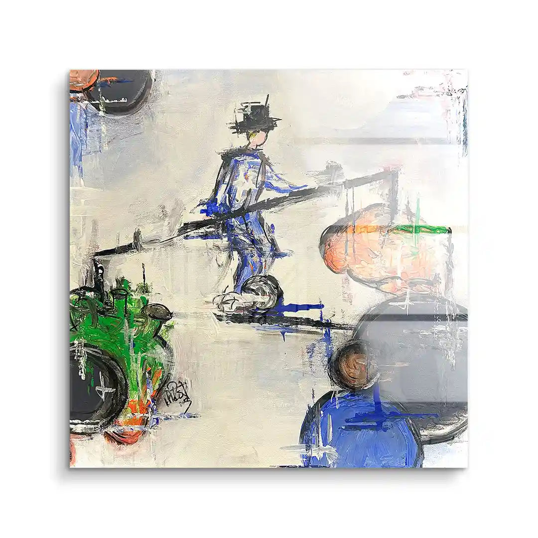 Abstraktes Wandbild mit balancierender Figur, Acrylgemälde in Blau, Weiß und bunten Akzenten