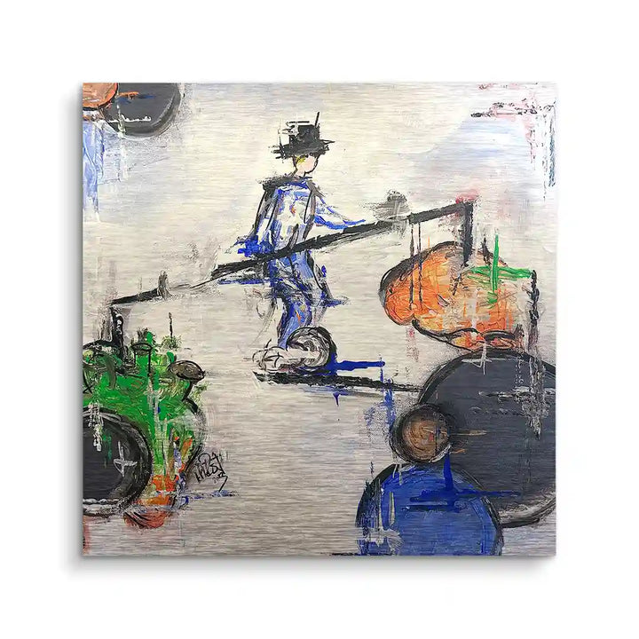 Abstraktes Wandbild mit balancierender Figur, kräftige Farben, moderne Kunst auf Leinwand
