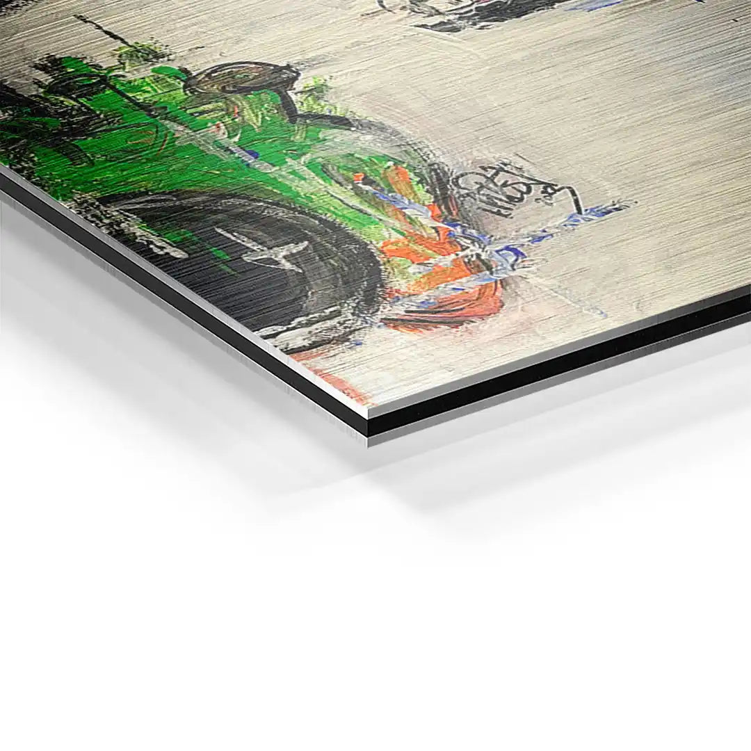 Detailansicht modernes Wandbild mit grün-orange abstrakter Kunst auf Aluminium